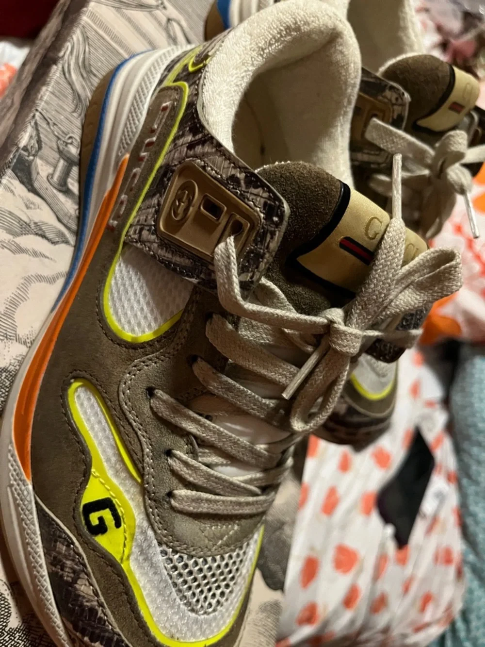 Gucci Beige Suede & Mesh Sneakers with Neon Yellow Accent - Picture 5 of 15